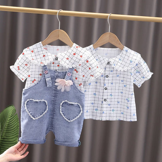 Flower print shirt heart overalls - Adorable Attire